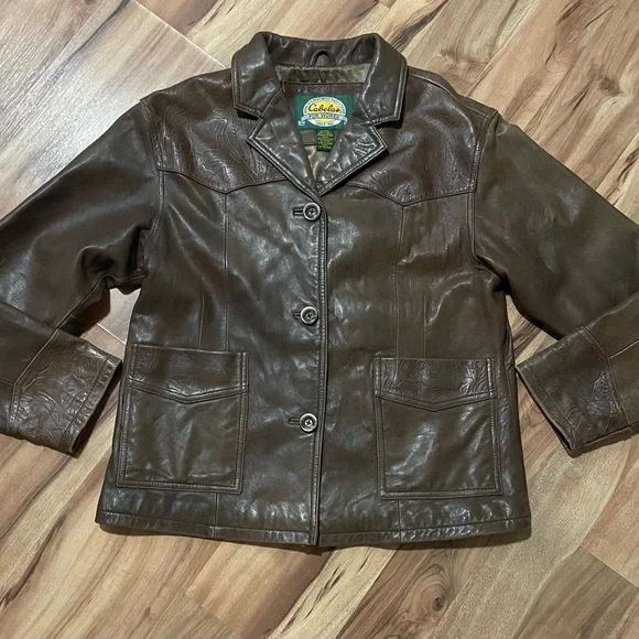 Cabela’s Brown Leather Jacket with Textured Details Sz L - Picture 2 of 12